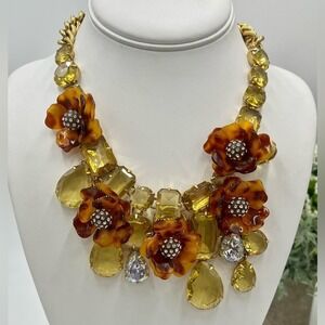J. Crew Tortoise Shell Flower Asymmetrical Pave Yellow Rhinestone Bib Necklace